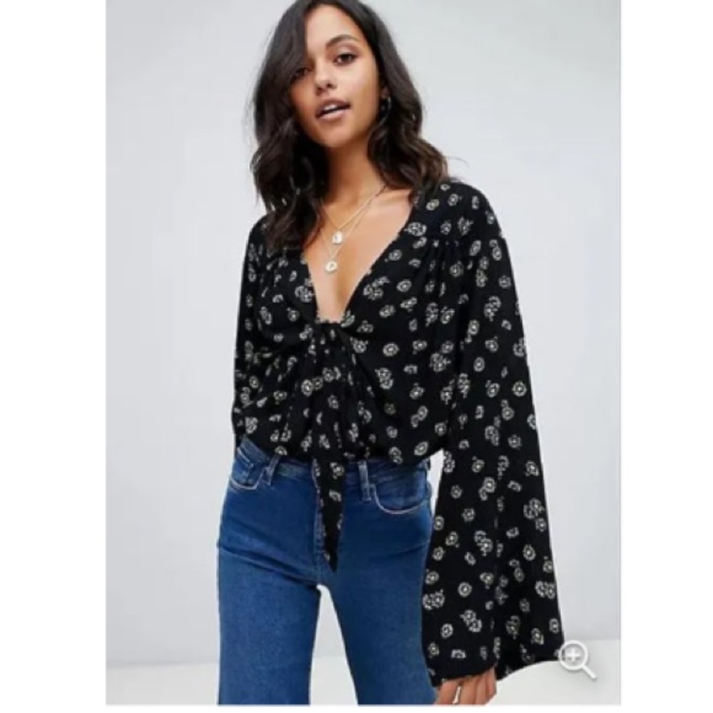 Free People Forties Feels Bodysuit XS Black Floral Front Tie Flare Long …